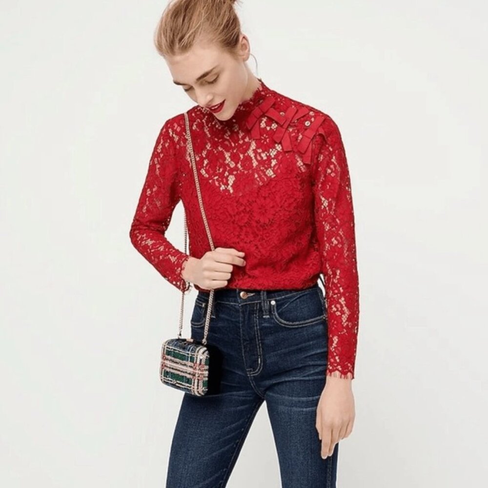 J. Crew Red Mockneck Floral Lace Long Sleeve Blouse Eyelash Hem Women Sz 10